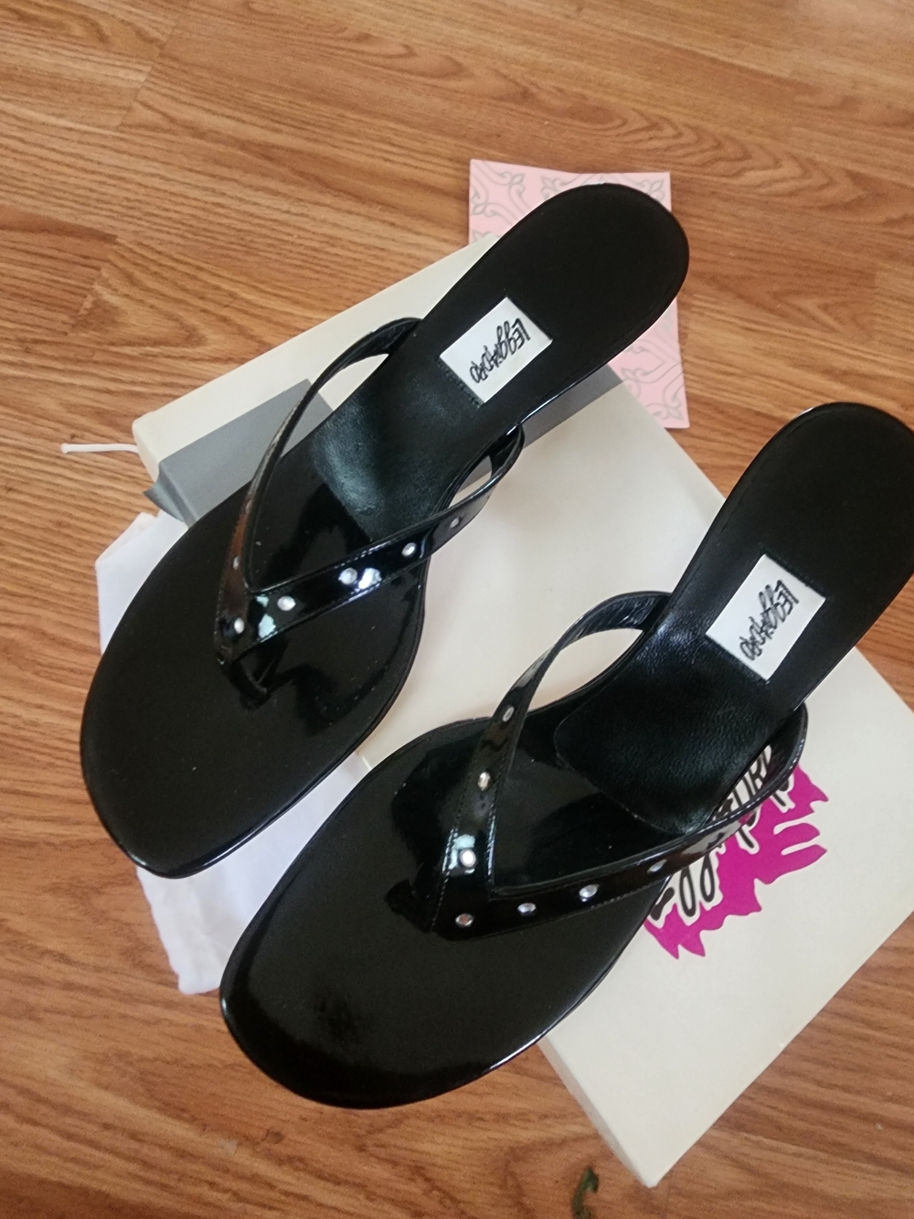 Leggiadro Black Patent Studded Thong Sandals